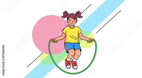 Illustration of a Girl Skipping Rope for Exercise and Health in a Flat Design