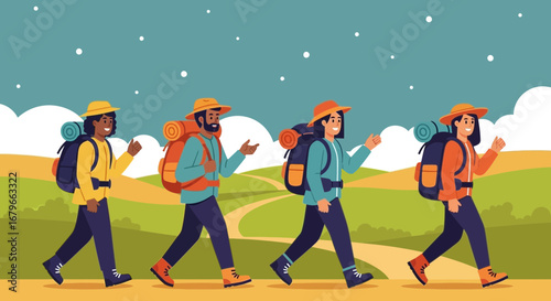 Illustration of a group of hikers walking on a trail outdoors during a sunny day