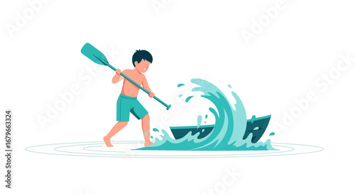 Illustration of a boy in turquoise shorts paddling a boat in water with waves