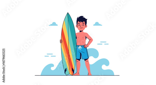 Illustration of a Boy in Swimsuit Holding a Surfboard Ready to Surf in Summer