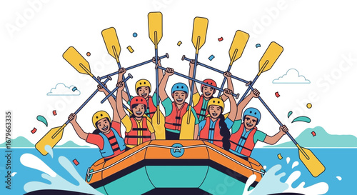 Illustration of a group of people rafting with paddles on a river adventure