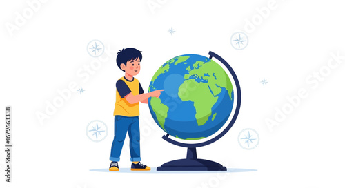 Illustration of a boy in front of a globe showing a world map learning about geography