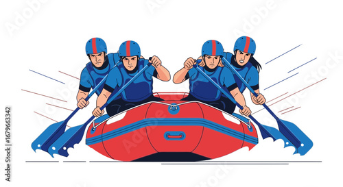 Illustration of a Group Whitewater Rafting, Teamwork Concept, Adventure Sport, Recreation