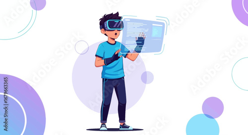 Illustration of a boy in vr glasses and interacting with a futuristic interface graphic