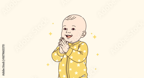 Illustration of a happy baby clapping with joy and an excited expression, cartoon