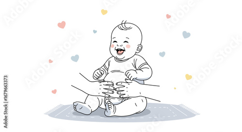 Illustration of a happy baby being held by a parent with hearts in the background