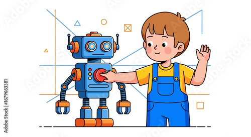 Illustration of a boy interacting with a robot, representing technology and childhood