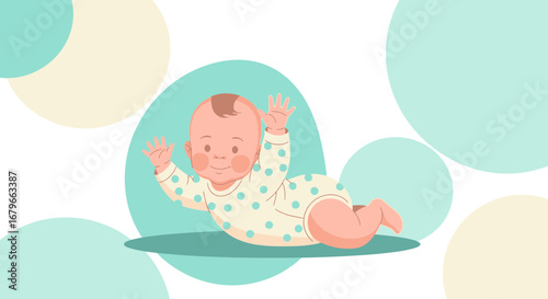 Illustration of a happy baby crawling on a cute geometric background design