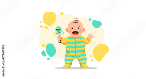 Illustration of a happy baby holding a rattle and waving its hand, minimal style