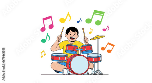 Illustration of a boy playing drums surrounded by colorful musical notes in white background