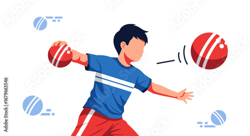 Illustration of a Boy Playing Dodgeball Throwing a Red Ball with other balls