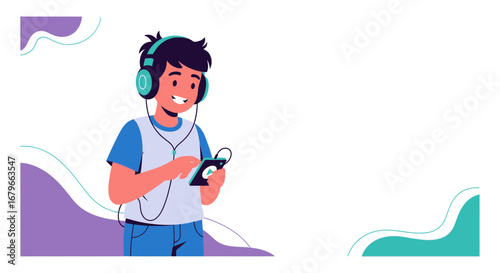 Illustration of a happy boy listening to music with headphones and phone