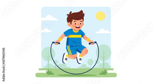 Illustration Of A Happy Boy Jumping Rope Outdoors In A Park During Sunny Day