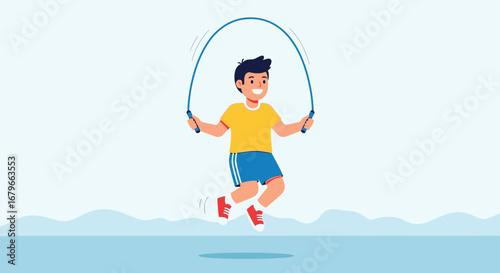 Illustration of a happy boy skipping rope during fun outdoor physical activity