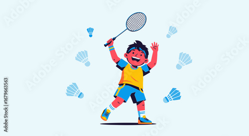 Illustration of a happy boy playing badminton with rackets and shuttlecocks in the air