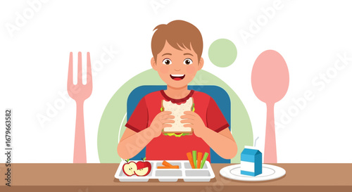 Illustration of a happy child enjoying a healthy lunch with a sandwich, fruits and vegetables