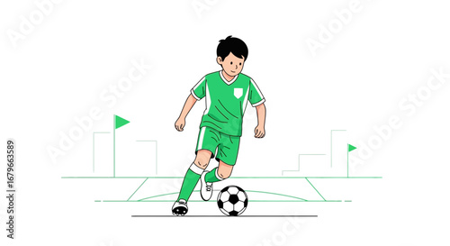 Illustration of a Boy Playing Soccer Dribbling the Ball on a Soccer Field