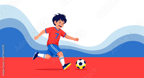 Illustration of a boy playing soccer with a ball, a sport game concept