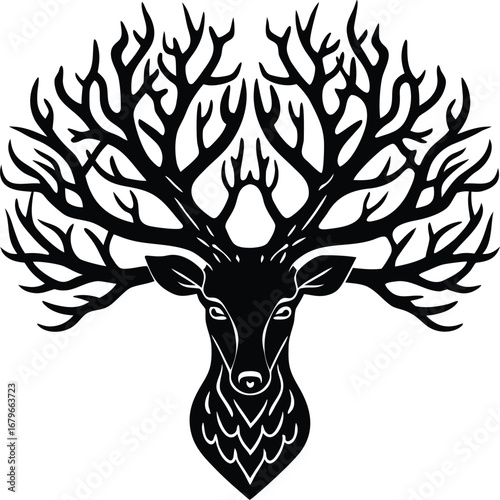 Vector art of stylized black silhouette of a deer head with elaborate, treelike antlers, isolated on a