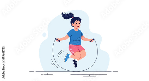 Illustration of a happy girl jumping rope and exercising for fitness and health purposes