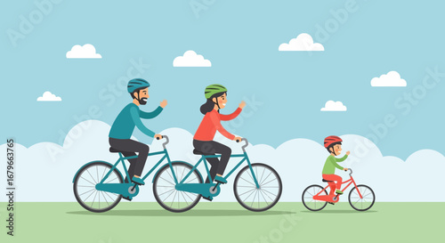 Illustration of a happy family riding bicycles together outdoors on a sunny day