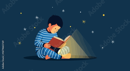Illustration of a boy reading at night with a flashlight in a starlit background