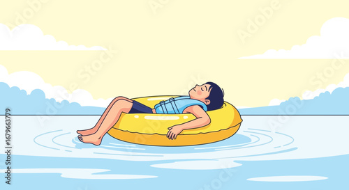 Illustration of a Boy Relaxing on a Floatie in the Water on a Sunny Day