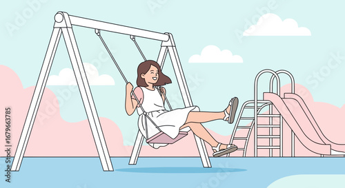 Illustration of a happy girl swinging on a playground swing set, enjoying time outdoors