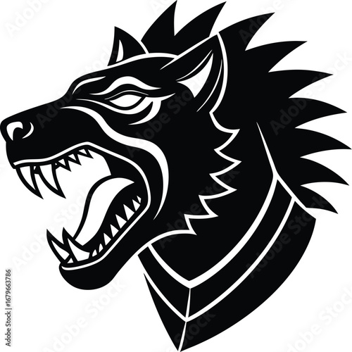 Vector art of stylized black and white illustration of a snarling hyena head with sharp teeth and spiky mane