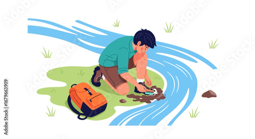 Illustration of a hiker cleaning his muddy boots near a river with his backpack nearby