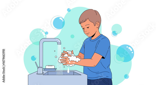 Illustration of a boy washing hands with soap promoting hygiene and health guidelines