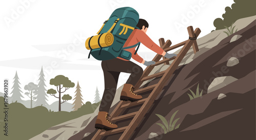 Illustration of a hiker climbing a ladder on a mountain, traveling and adventure in nature
