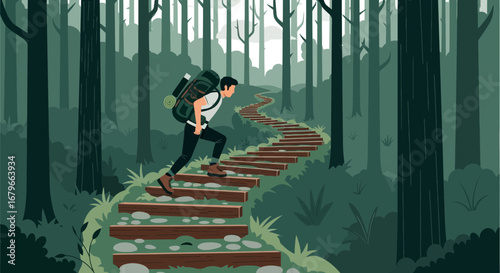Illustration of a hiker climbing a wooden staircase in a lush green forest environment