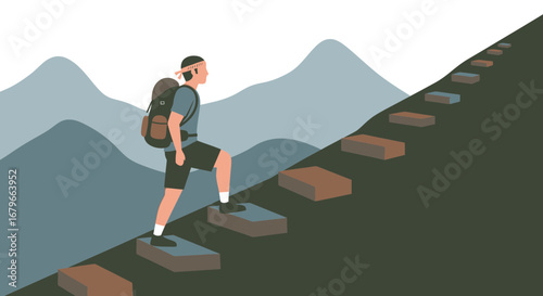 Illustration of a Hiker Climbing Stairs Towards a Mountain Peak Representing Achievement