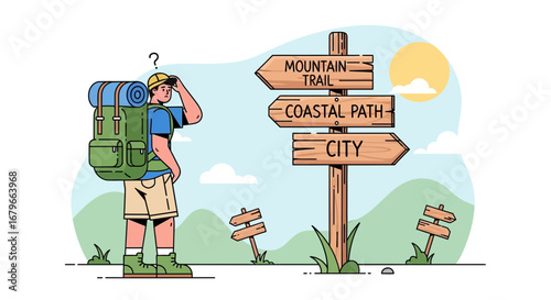 Illustration of a hiker confused about which path to choose for his adventure