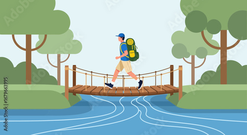 Illustration of a hiker crossing a bridge over a river in a natural environment