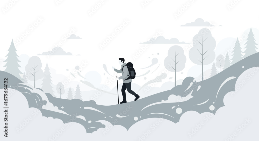 Obraz premium Illustration of a hiker exploring a winter forest with a simple minimalist design