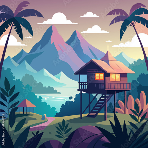 Tropical mountain retreat at dawn soft pastels vector illustration scalable design