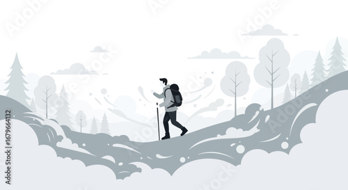 Illustration of a hiker exploring a winter forest with a simple minimalist design
