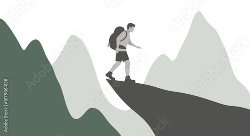Illustration of a Hiker Exploring Mountains and Overcoming Challenges in Nature