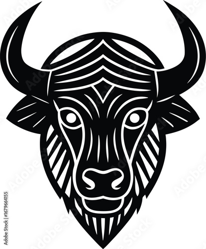 Vector art of bold black and white graphic illustration of a bulls head with prominent horns and intricate line details