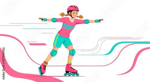 Illustration of a cheerful girl roller skating with equipment on a white background