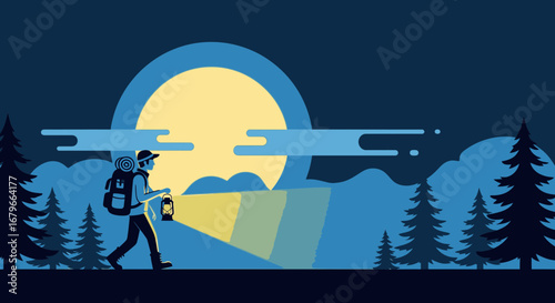 Illustration of a hiker exploring the forest at night with a lantern and backpack