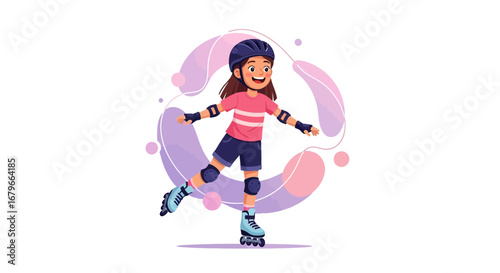 Illustration of a cheerful girl roller skating with safety gear and smiling