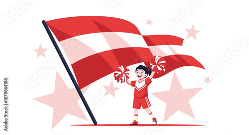 Illustration of a cheerleader holding a flag and cheering with pompoms