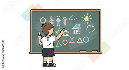 Illustration of a child drawing educational elements on a chalkboard vector art