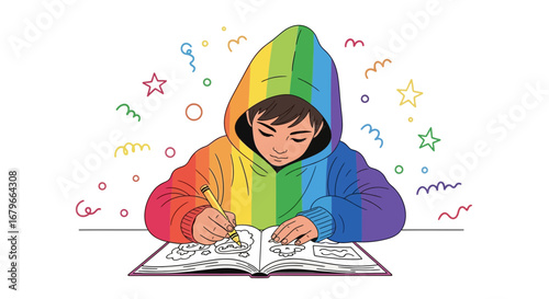 Illustration Of A Child Drawing In A Rainbow Hoodie With Doodle Elements Around