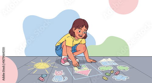 Illustration of a child drawing with chalk on the ground creating art outdoors