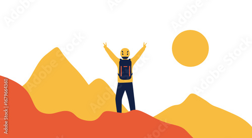 Illustration of a hiker on a mountain, sun, and enjoying the landscape scenery