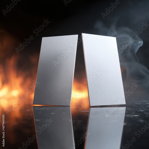 Vertical business card mockup with fire and smoke — reflective branding template
